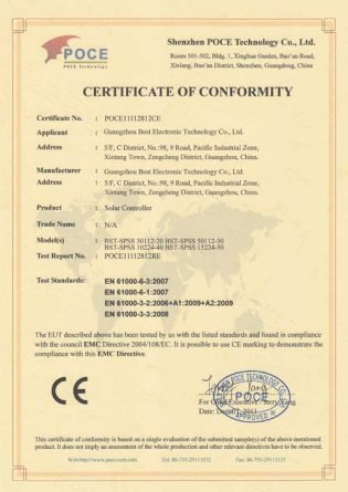 CE European Conformity — Solar Controller certificate