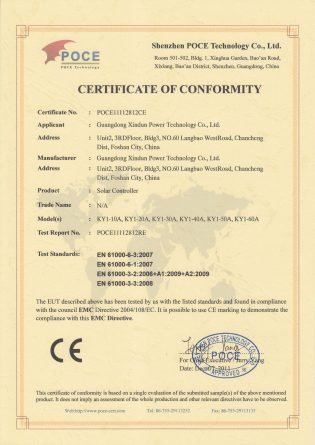 CE European Conformity — Solar Controller certificate