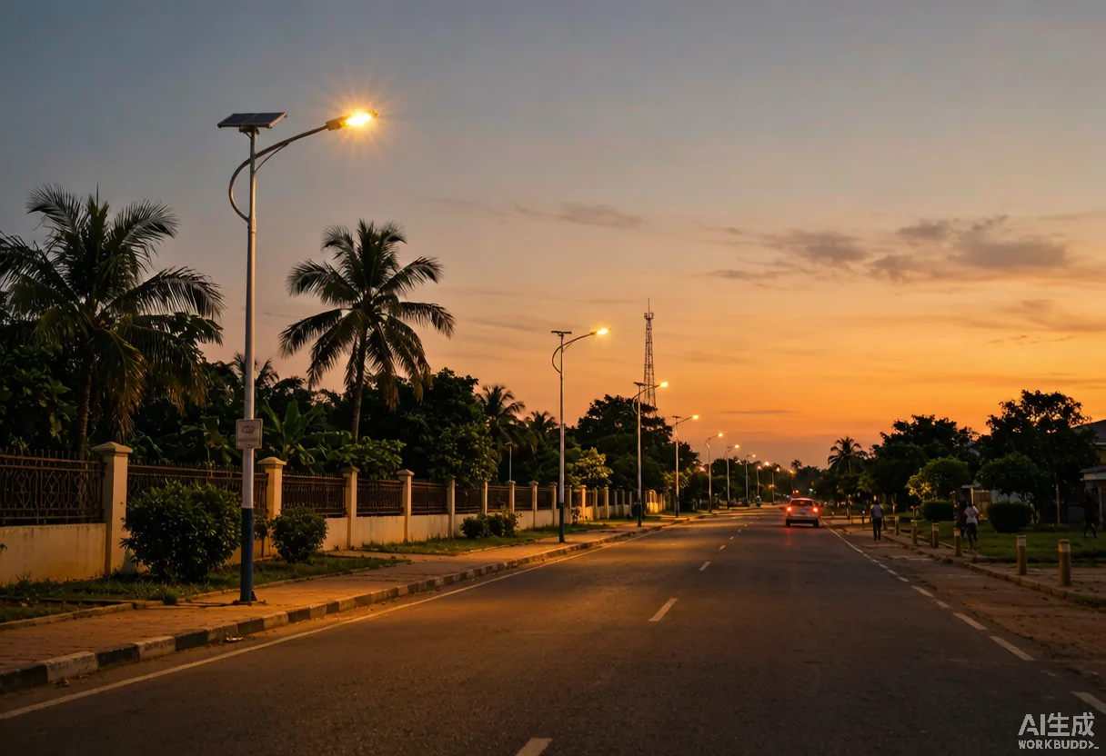 Solar street lights illuminated at night — WONENG installation